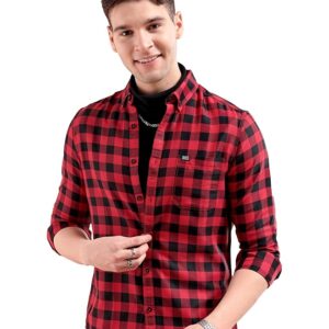 The Indian Garage Co Men's Cotton Slim Fit Checkered Full Sleeves Cutaway Collar Casual Shirt