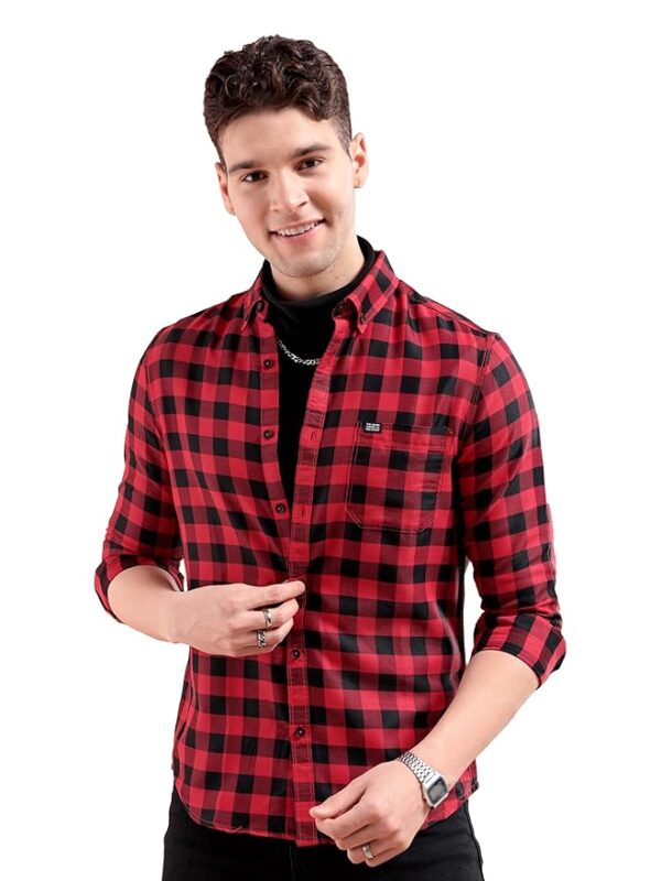 The Indian Garage Co Men's Cotton Slim Fit Checkered Full Sleeves Cutaway Collar Casual Shirt